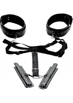 Master Series Acquire Easy Access Thigh Harness With Wrist Cuffs Black And Metal