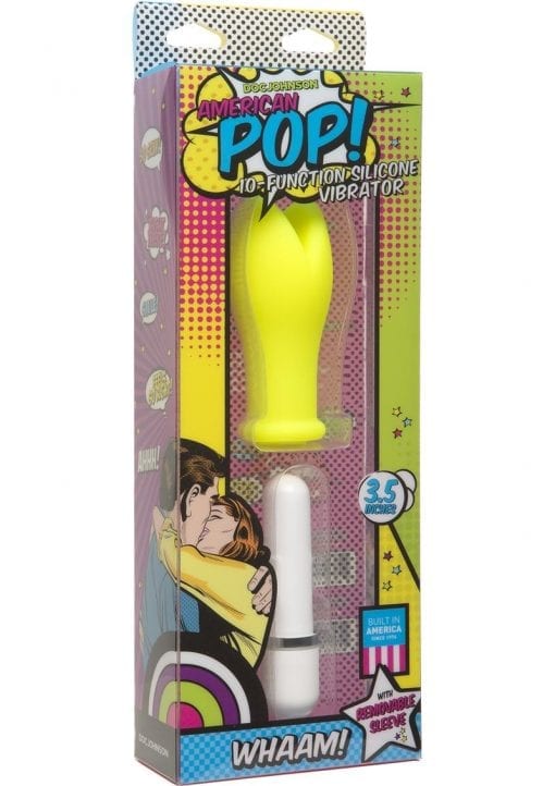 American Pop Whaam 10 Function Silicone Vibrator With Sleeve Waterproof Yellow 3.5 Inch