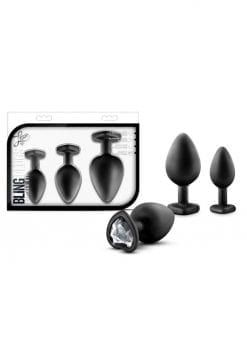 Luxe Bling Silicone Anal Plugs Trainer Kit Black With White Gems