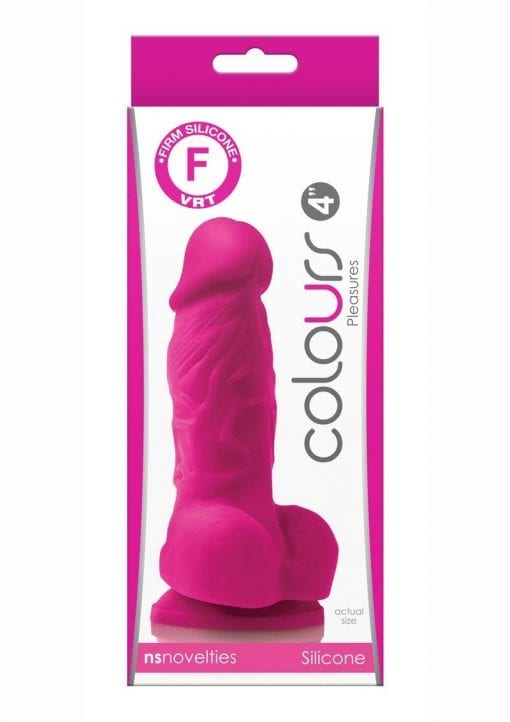 Colours Pleasure 4in Pink Silicone Dildo With Balls Realistic Non-Vibrating Suction Cup Base