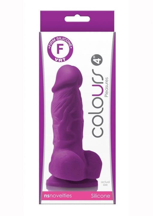 Colours Pleasure 4in Purple Silicone Dildo With Balls Realistic Non-Vibrating Suction Cup Base