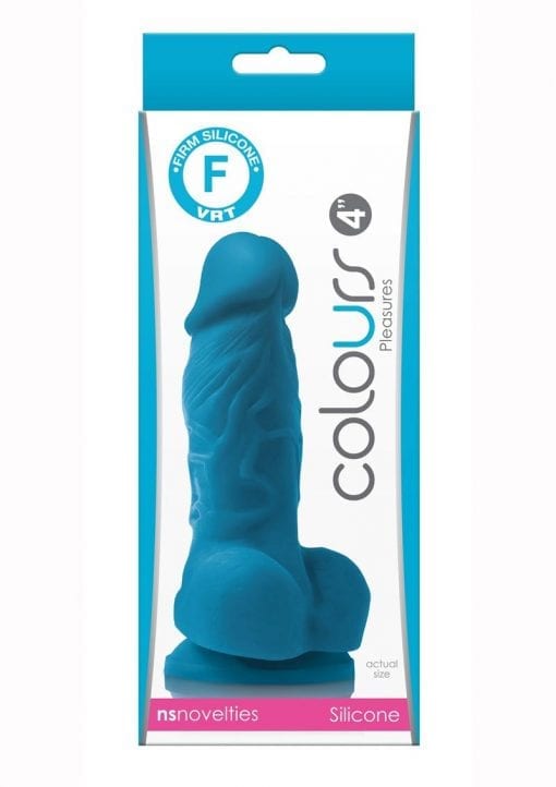 Colours Pleasures 4in Blue Silicone Dildo With Balls Realistic Non-Vibrating Suction Cup Base
