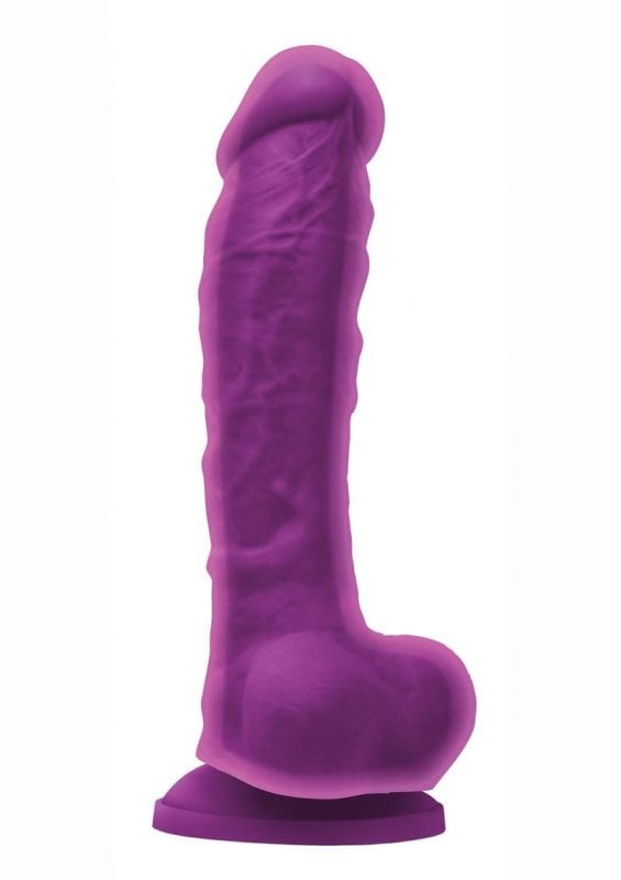 Colours Dual Density 8in Purple Silicone Dildo With Balls Realistic Non-Vibrating Suction Cup Base