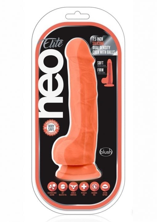 Neo Elite Dual Density Realistic Cock With Balls Suction Base Silicone Orange 7.5 inch