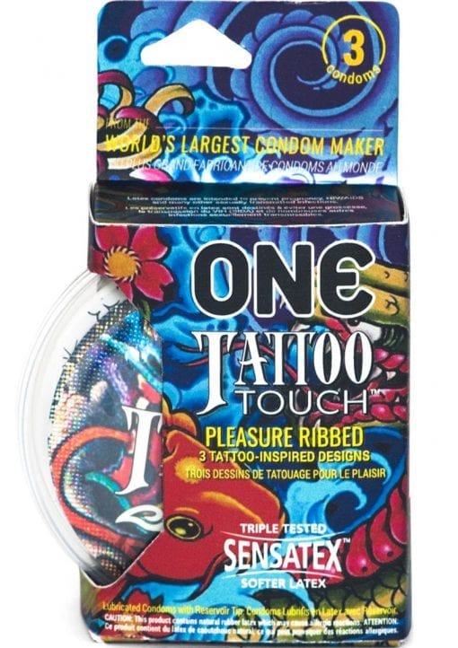 One Tattoo Touch Lubricated Latex Ribbed Condoms 3-Pack