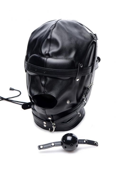 Strict Bondage Hood With Breathable Ball Gag Adjustable Padded Eyes and Ears