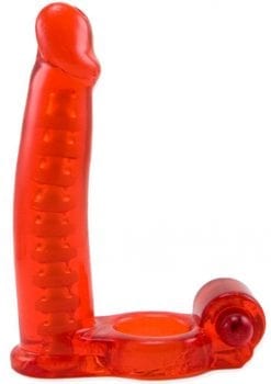 Double Penetrator Cock Ring With Bendable Dildo Red