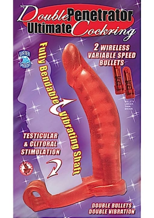 Double Penetrator Cockring With 2 Variable Speed Wireless Bullets Red