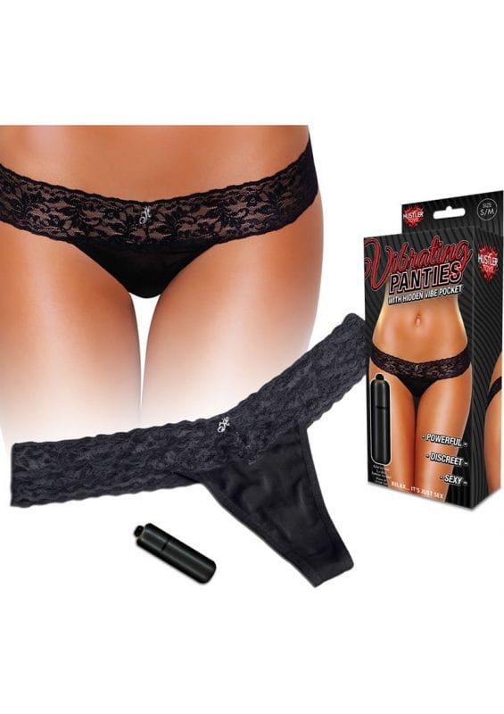 Hustler Toys Vibrating Panties Lace Thong With Hidden Vibe Pocket Black Small/Medium