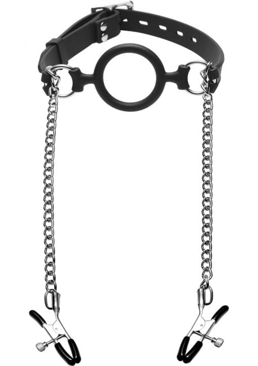 Master Series Mutiny Silicone O-gag With Nipple Clamps Black