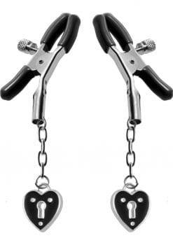 Master Series Platinum Bound Charmed Heart Padlock Nipple Clamps