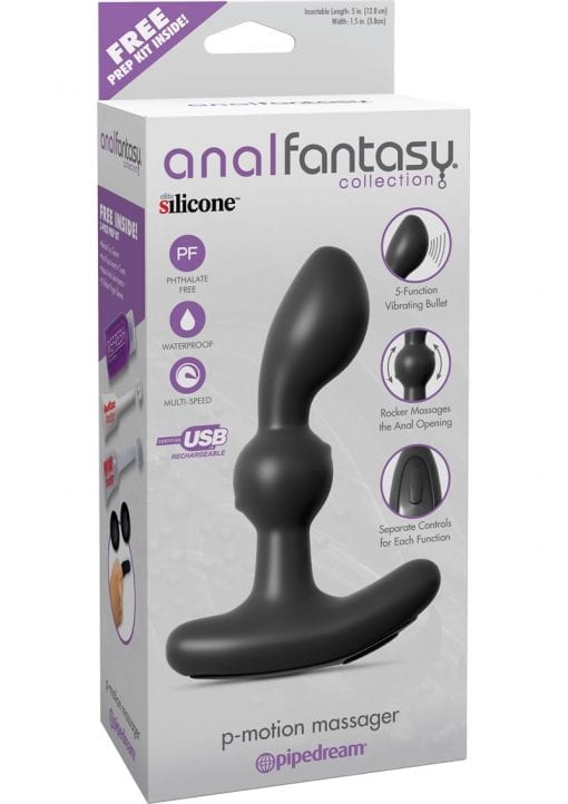 Anal Fantasy Collection P Motion Massager Kit Rechargeable Silicone Waterproof Black 5 Inch