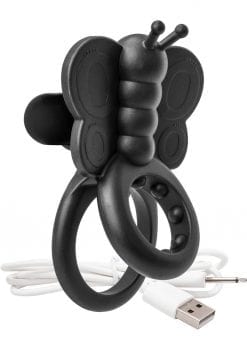 Charged Monarch USB Rechargeable Buterfly Vibe Silicone Cock Ring Waterproof Black