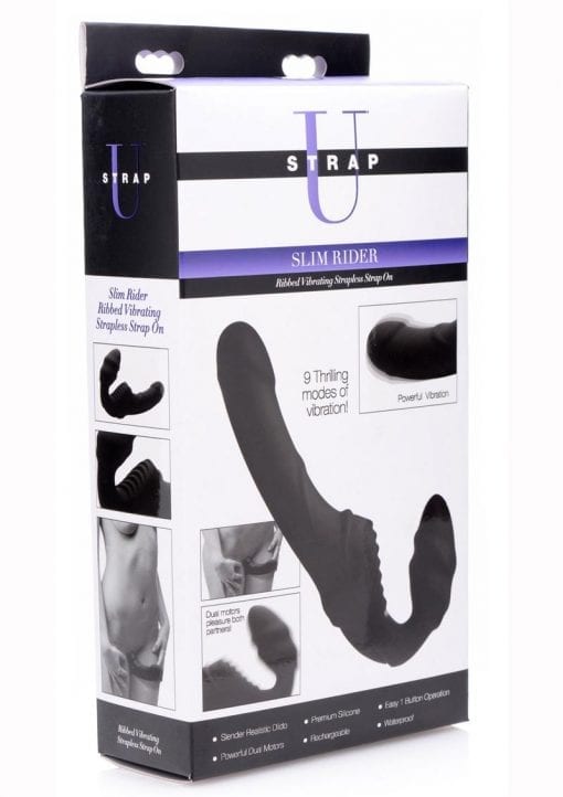 Strap U Slim Rider Silicone Ribbed Vibrating Strapless Strap On USB Rechargeable Waterproof Black 8.5 Inches
