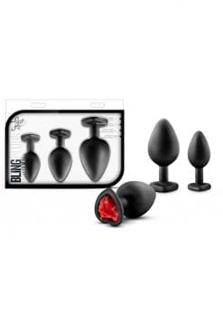 Luxe Bling Silicone Anal Plugs Trainer Kit Black With Red Gems