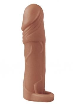 Natural Realskin Vibrating Penis Extender With Scrotum Ring - Chocolate