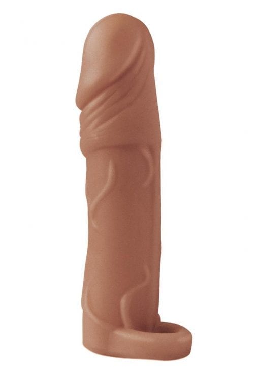 Natural Realskin Vibrating Penis Extender With Scrotum Ring - Chocolate