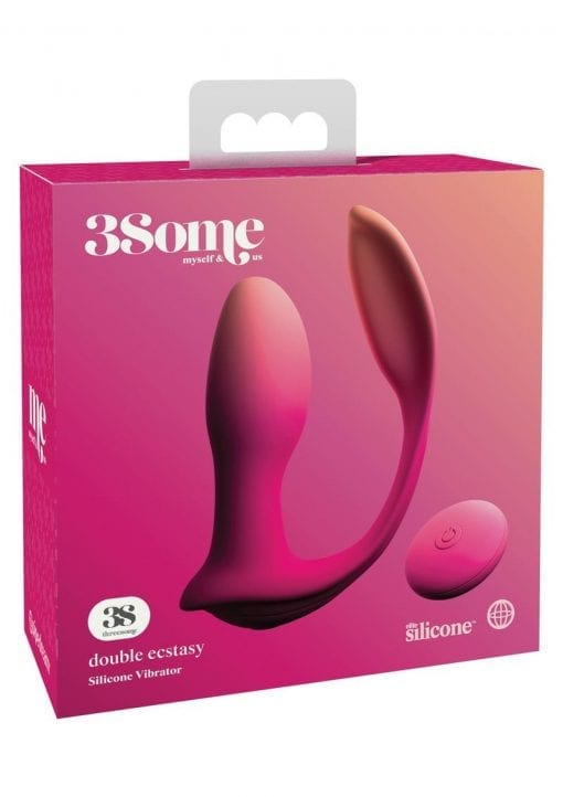 Threesome Double Ecstasy Silicone Rechargeable Vibrator With Remote Control - Pink