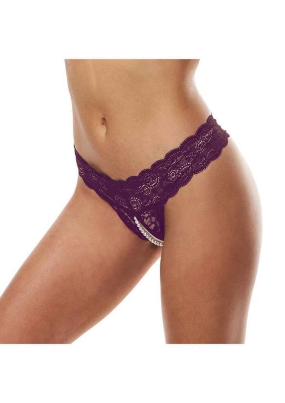 Secret Kisses Lace andamp; Pearl Crotchless Thong - M/L - Purple
