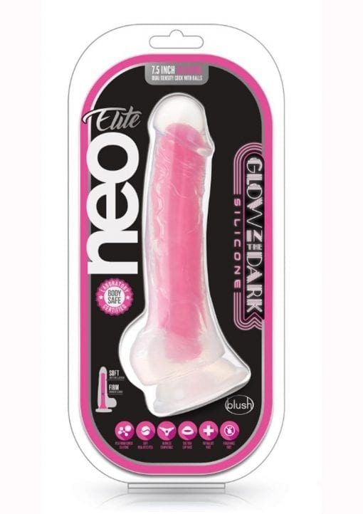 Neo Elite Glow in the Dark Dildo With Balls 7.5in - Pink