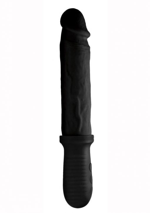 Master Series 8x Auto Pounder Rechargeable Silicone Vibrating andamp; Thrusting Dildo With Handle 10in - Black