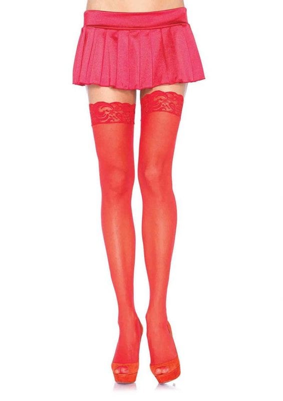Leg Avenue Sheer Nylon Thigh High With Lace Top - OS - Red