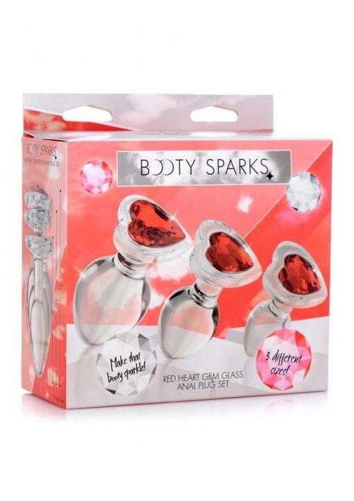 Booty Sparks Red Heart Gem Glass Plug Set (3 pieces) - S/M/L - Red/Clear