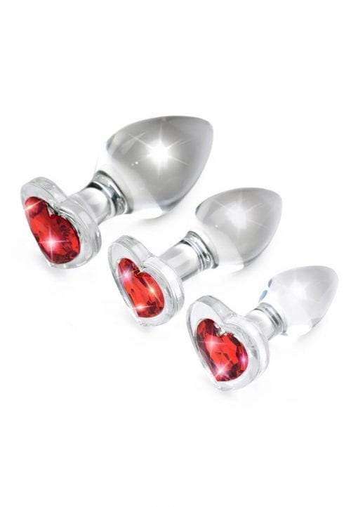 Booty Sparks Red Heart Gem Glass Plug Set (3 pieces) - S/M/L - Red/Clear