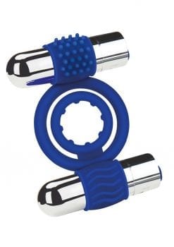 Zolo Rechargeable Duo Vibrating Silicone Cock Ring - Navy/Silver