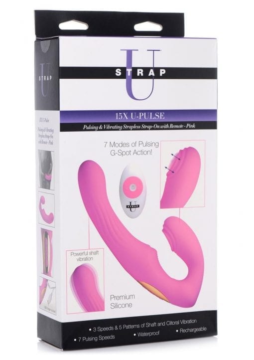 Strap U U-Pulse Silicone Rechargeable 15X Pulsating andamp; Vibrating Strapless Strap-On With Remote Control - Pink