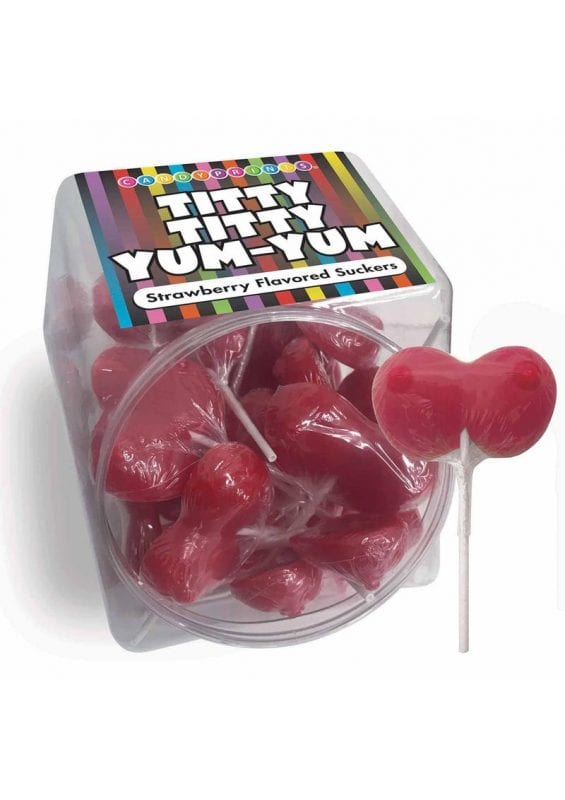 Titty Titty Yum Yum Boob Pops Strawberry Flavor - Assorted Colors - 48 Each Per Bowl