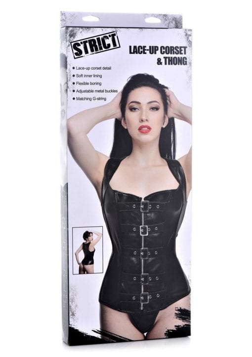 Strict Lace-Up Corset Vest andamp; Thong - Medium - Black