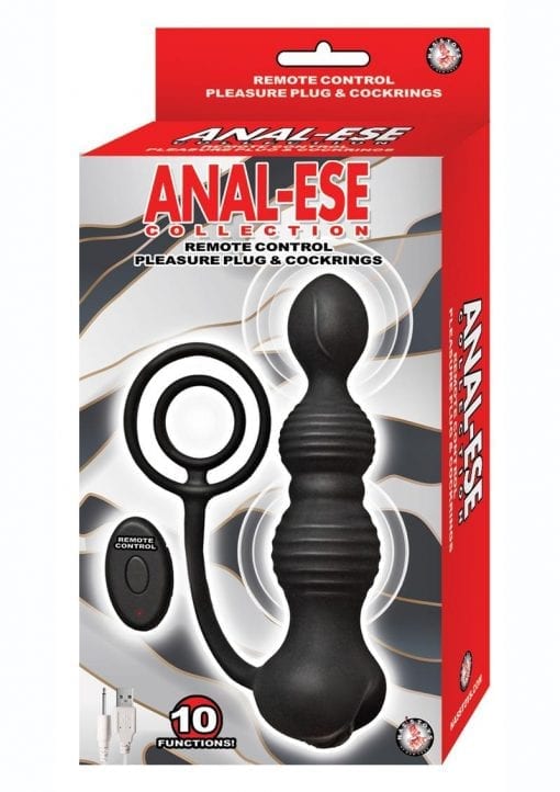 Anal-Ese Silicone Rechargeable Remote Control Pleasure Plug andamp; Cockring - Black