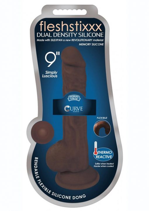 Fleshstixxx Dual Density Silicone Bendable Dildo with Balls 9in - Chocolate