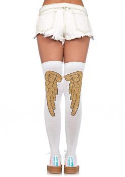 Leg Avenue Lurex Angel Wing Over The Knee Socks - White/Gold