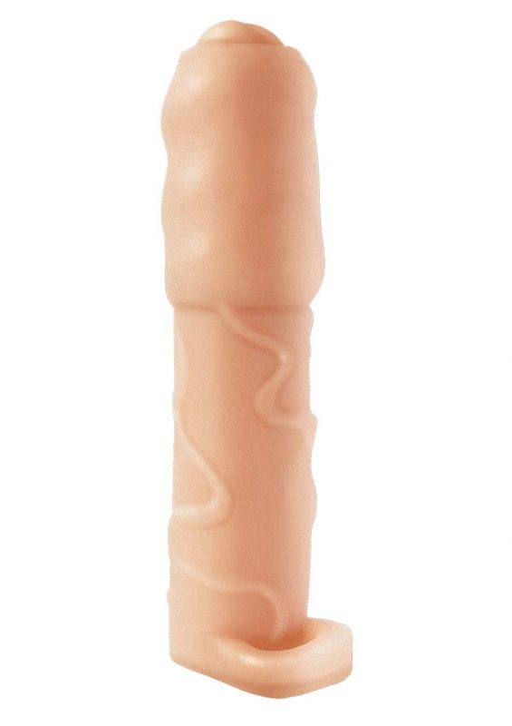Natural Realskin Vibrating Uncircumcised Penis Extender with Scrotum Ring - Vanilla