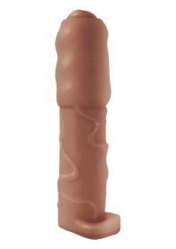 Natural Realskin Vibrating Uncircumcised Penis Extender with Scrotum Ring - Chocolate