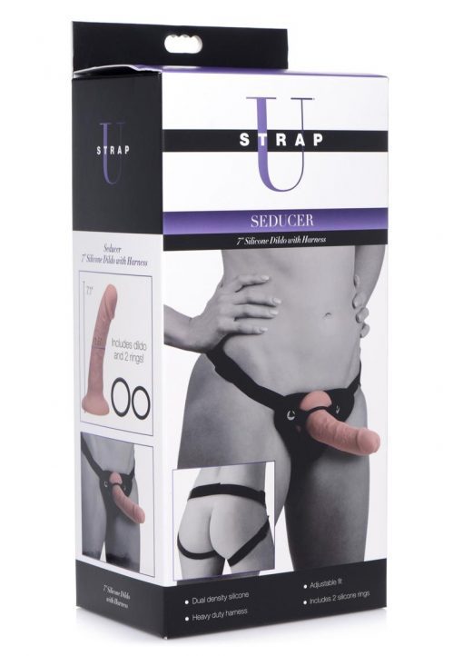 Strap-U Seducer Silicone Dildo with Harness 7in - Vanilla