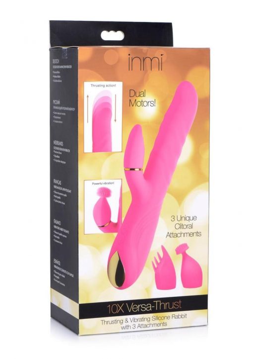Inmi Versa-Thrust Rechargeable Silicone 10x Rabbit Vibrator with 3 Attachments - Pink
