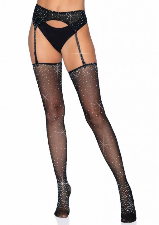 Rhinestone Micro Net Garter Belt and Stockings Set (2 pieces) - O/S - Black