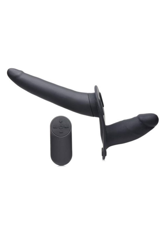 Strap U Vibrating Silicone Double Dildo with Harness and Remote Control - Black