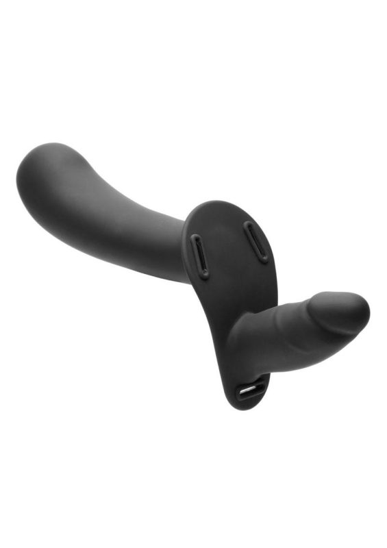 Strap U 28x Rechargeable Silicone 28X Large Double Dildo with Harness andamp; Remote Control - Black