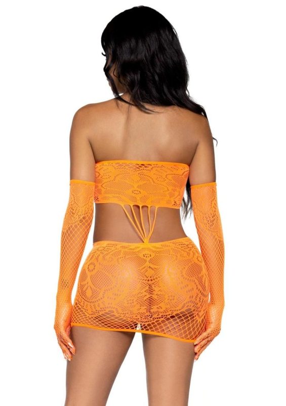 Leg Avenue Strappy Lace Tube Dress and Matching Gloves (2 pieces) - O/S - Orange