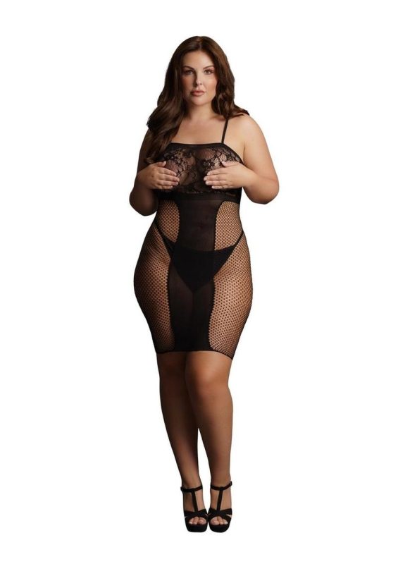 Le Desir Knee-Length Lace and Fishnet Dress - Queen - Black