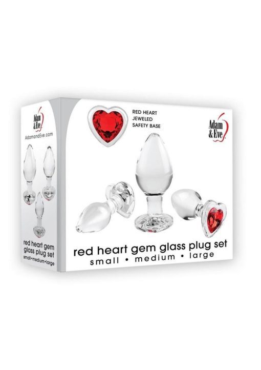 Adam andamp; Eve Red Heart Gem Glass Anal Plug Set (3 per Set) - Red