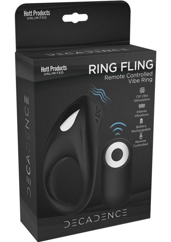 Decadence Ring Fling Silicone Vibrating Cock Ring with Remote Control - Black