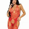 Leg Avenue Seamless Heart Net Suspender Bodystocking - O/S - Red