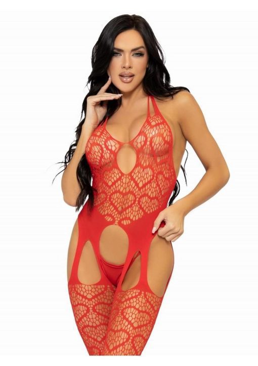Leg Avenue Seamless Heart Net Suspender Bodystocking - O/S - Red