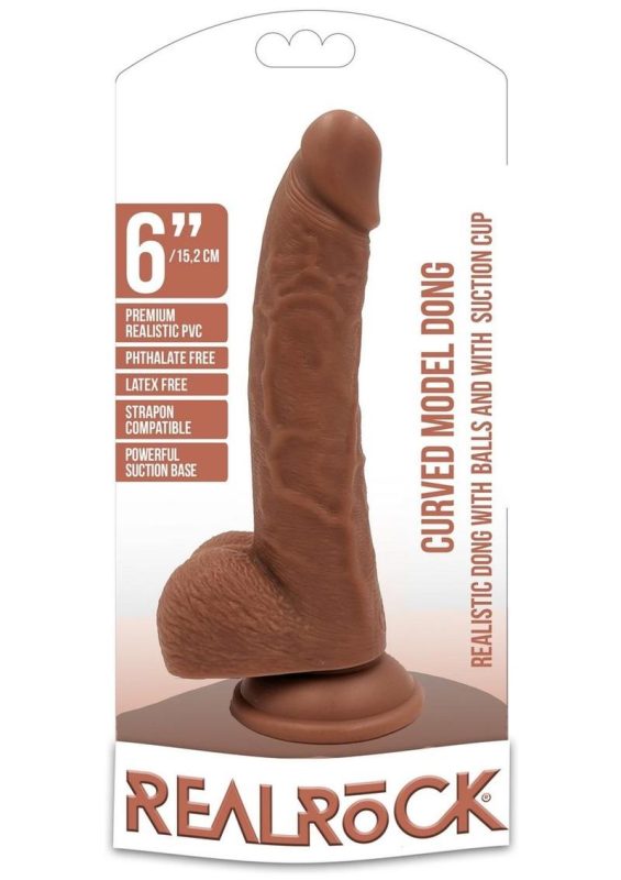 RealRock Curved Realistic Dildo with Balls and Suction Cup 6in - Caramel