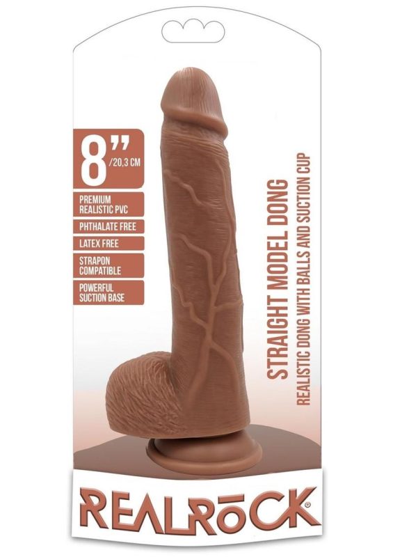 RealRock Straight Realistic Dildo with Balls and Suction Cup 8In - Caramel